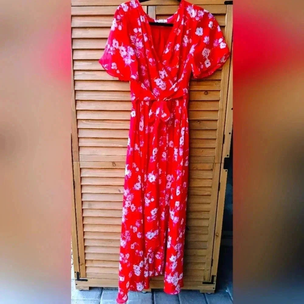 Indigo Rose Red Floral Maxi Dress (Petite Small)